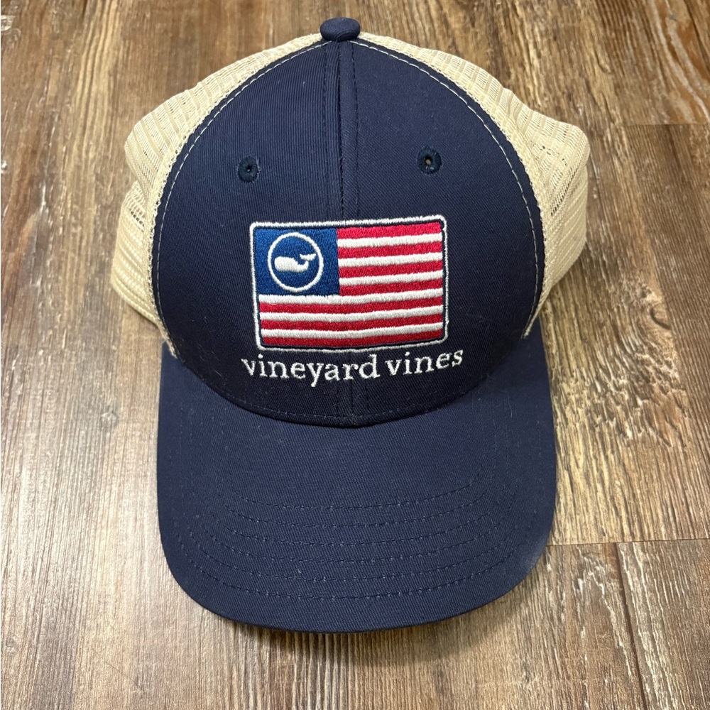 Vineyard Vines Navy and Tan Trucker Hat with Flag Patch